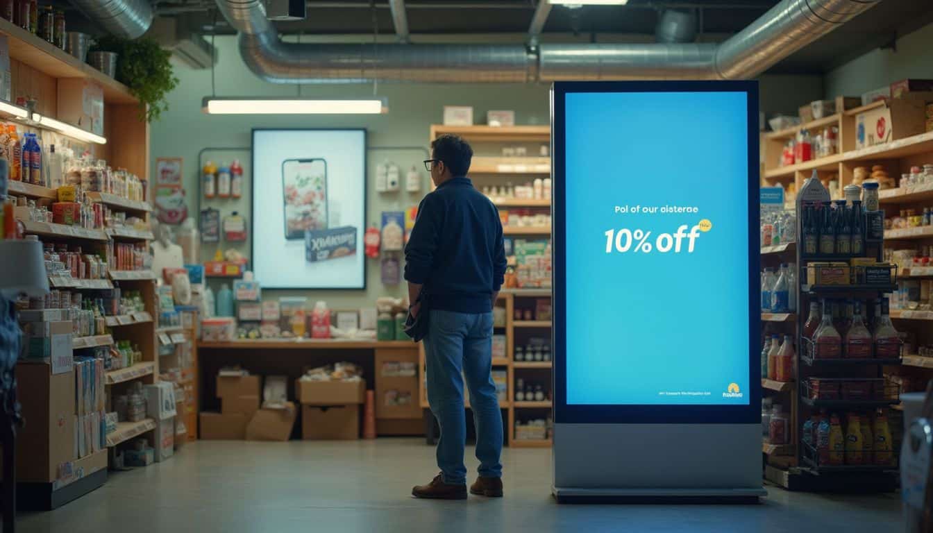 The image contrasts a printed poster and a digital screen in a casual retail environment. The image contrasts a printed poster and a digital screen in a casual retail environment.