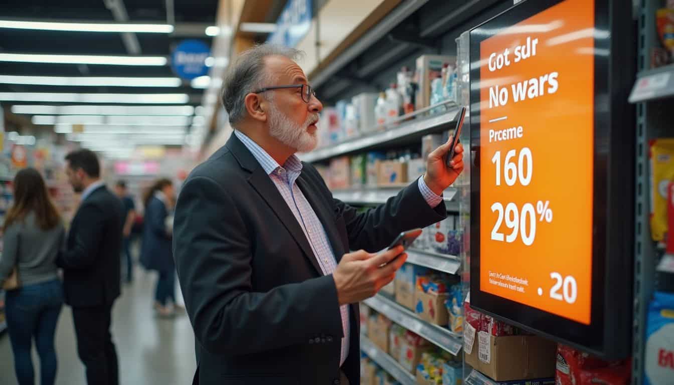 A man in business attire updates a digital promo sign in a bustling store while shoppers browse nearby. A man in business attire updates a digital promo sign in a bustling store while shoppers browse nearby.