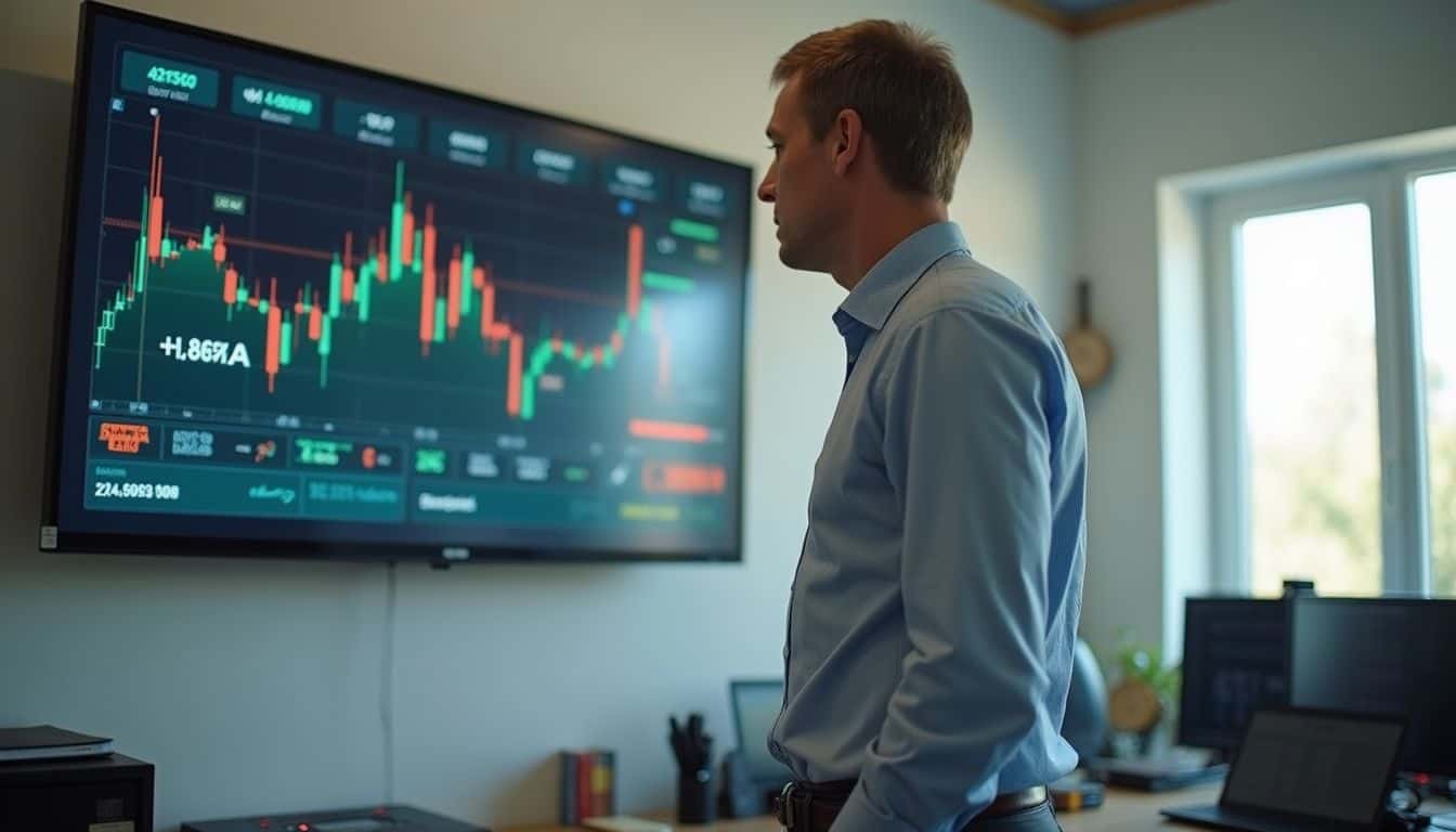 A middle-aged man in business attire casually observes market numbers on a digital screen in a simple office. A middle-aged man in business attire casually observes market numbers on a digital screen in a simple office.