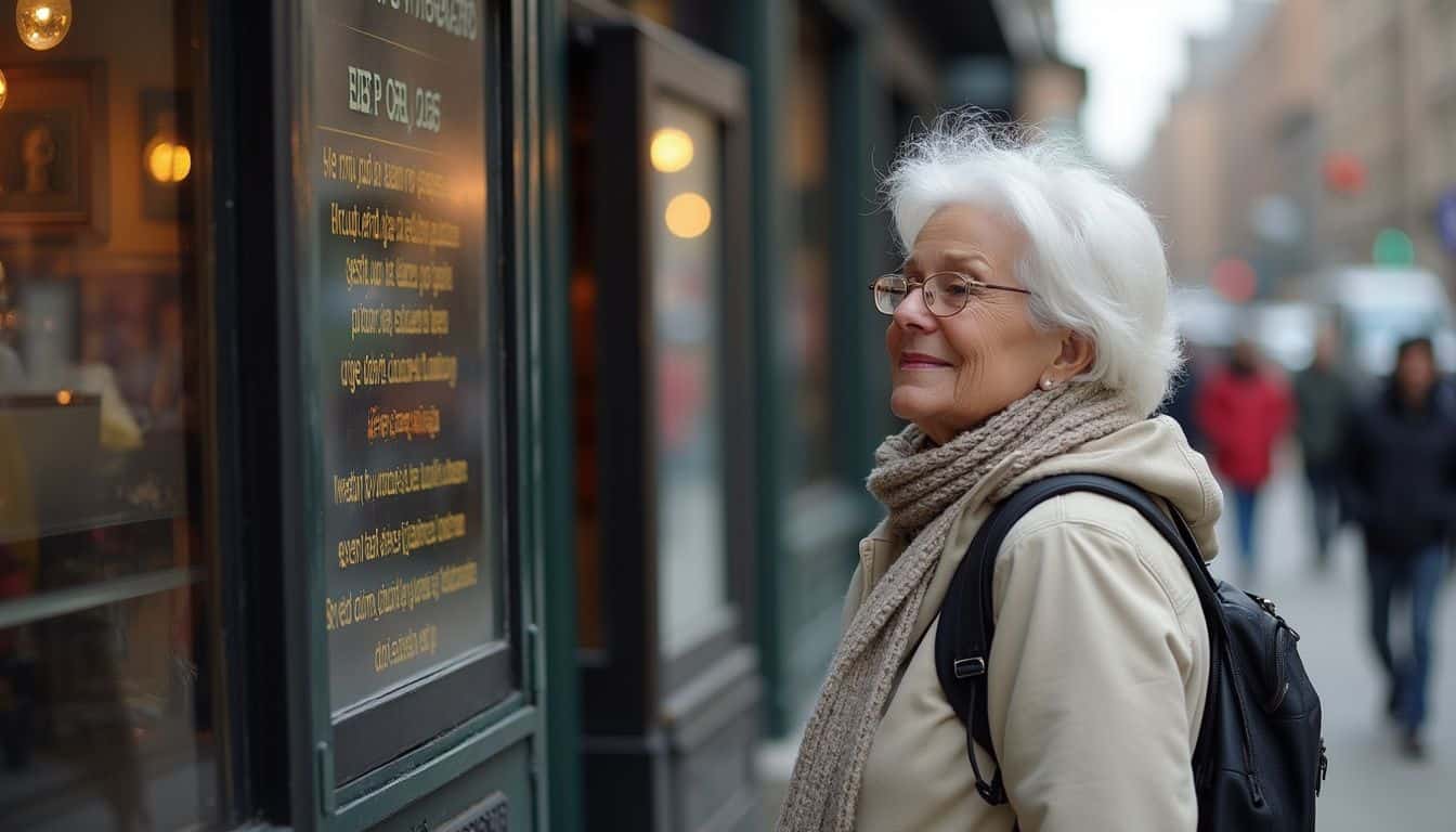 A middle-aged woman casually examines two signs, one old-fashioned and the other digital, on a bustling city street. A middle-aged woman casually examines two signs, one old-fashioned and the other digital, on a bustling city street.