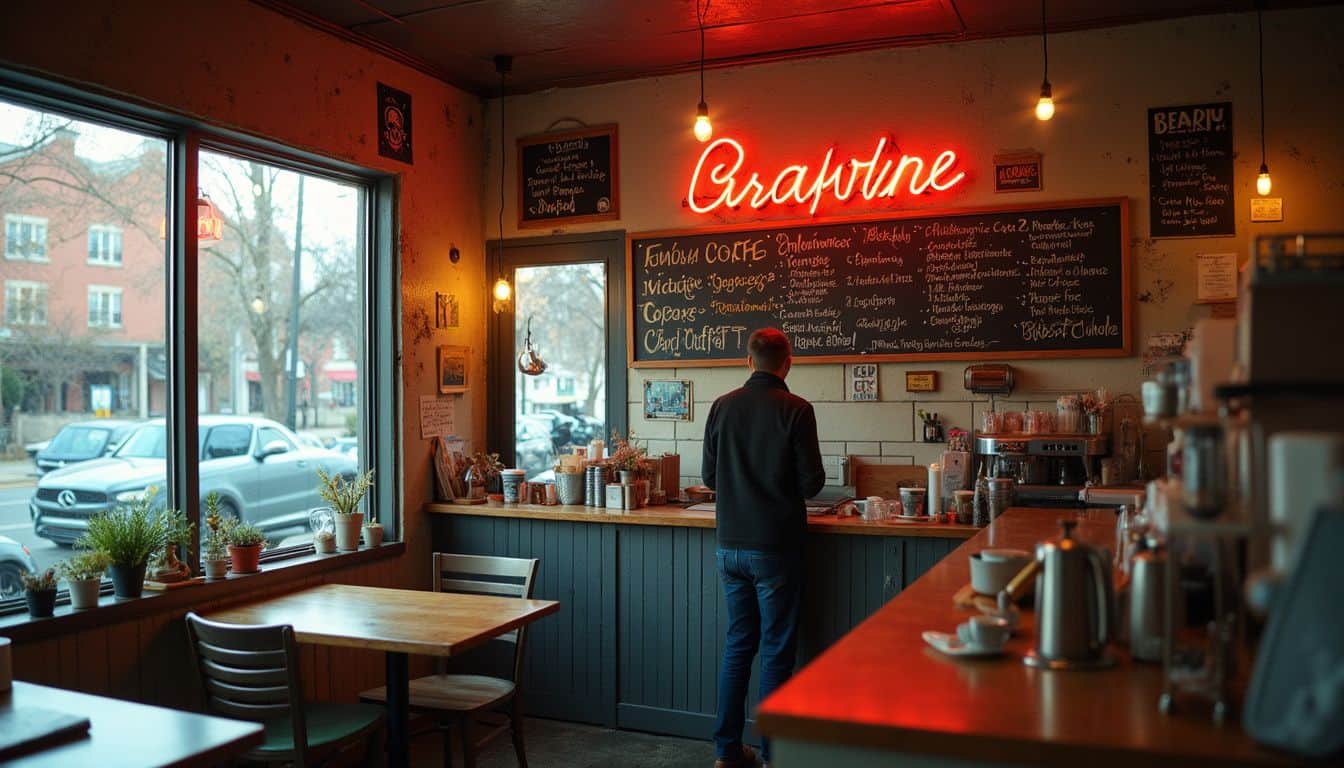 A cozy neighborhood coffee shop features vintage decor, handwritten menus, and a casual atmosphere. A cozy neighborhood coffee shop features vintage decor, handwritten menus, and a casual atmosphere.