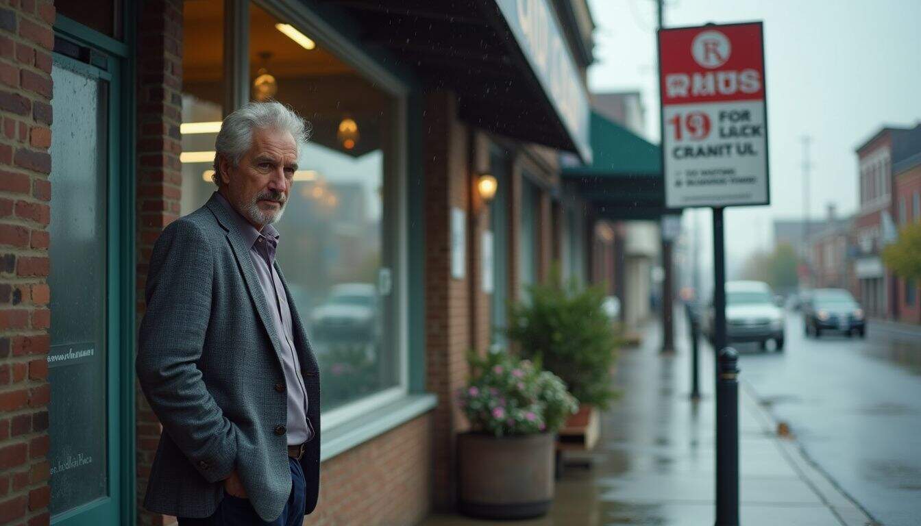A casually dressed man in his 40s stands outside a small business on a rainy day, appearing relaxed and unposed. A casually dressed man in his 40s stands outside a small business on a rainy day, appearing relaxed and unposed.