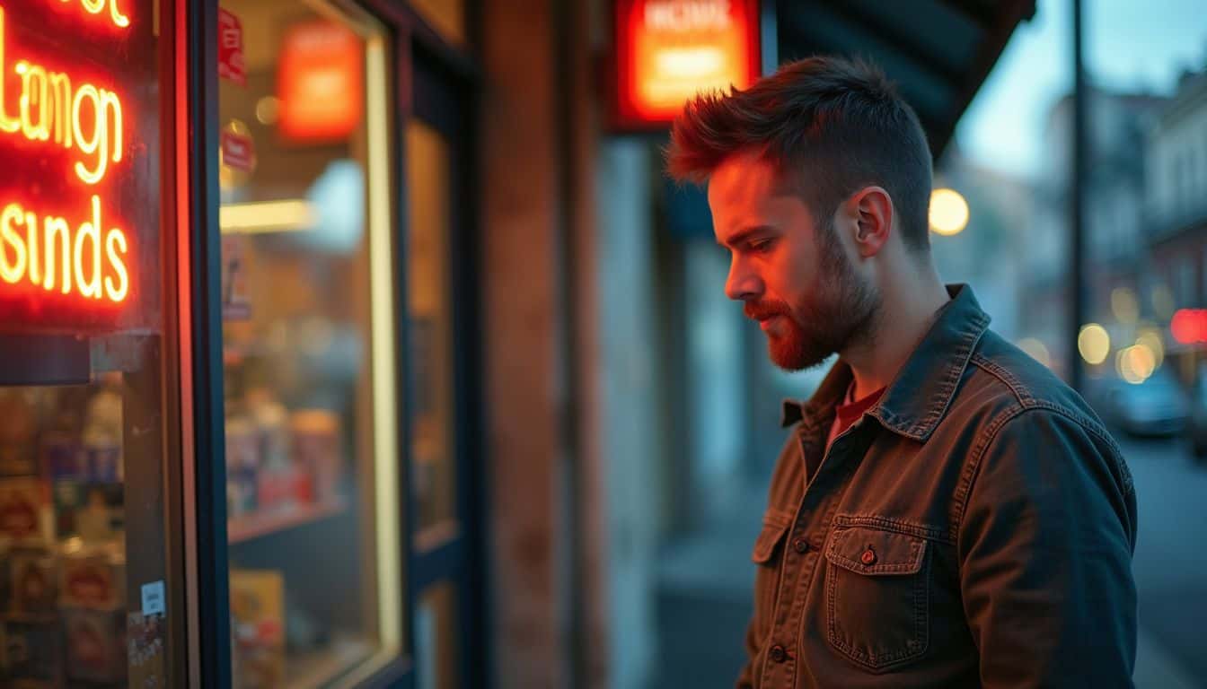 A small business owner stands relaxed outside their store, examining an old, faded sign amidst a bustling background. A small business owner stands relaxed outside their store, examining an old, faded sign amidst a bustling background.