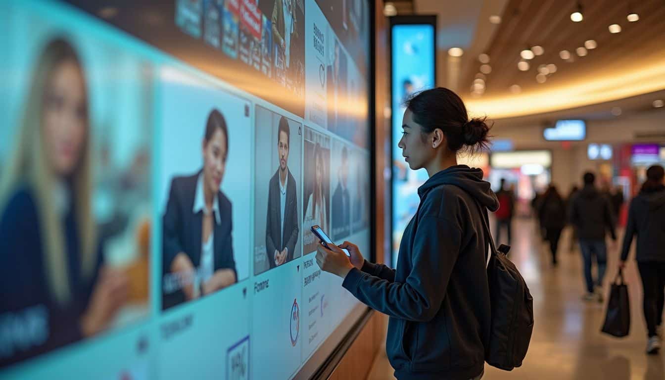 A candid shot of shoppers engaging with digital screens in a busy mall environment. A candid shot of shoppers engaging with digital screens in a busy mall environment.