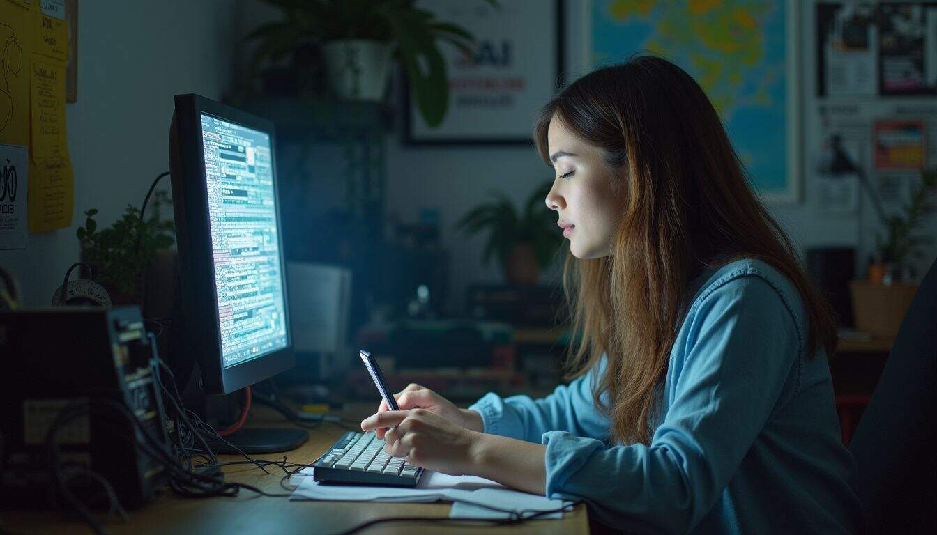 A woman in her 30s works on a flickering digital sign in a cluttered office filled with tangled wires. A woman in her 30s works on a flickering digital sign in a cluttered office filled with tangled wires.