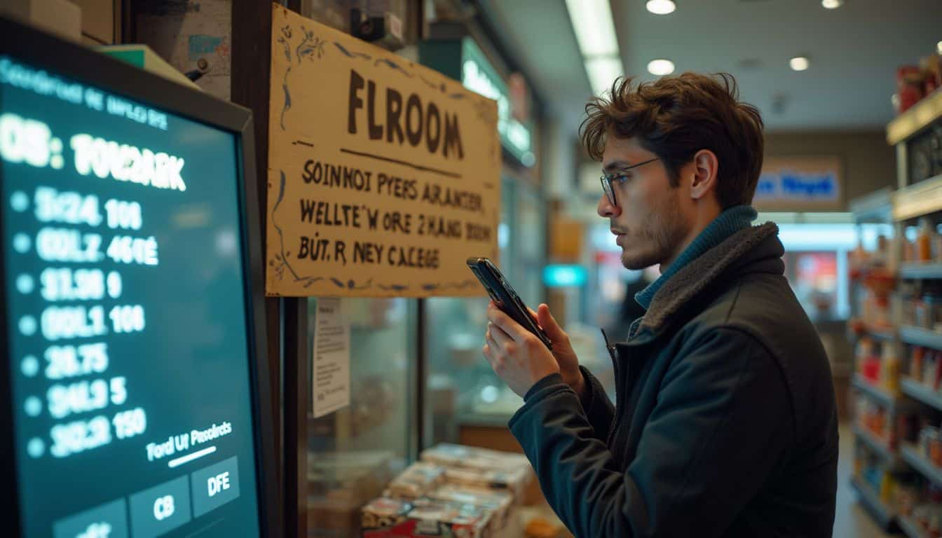 A casual shopper glances around a cluttered retail store with a digital screen and old-fashioned sign nearby. A casual shopper glances around a cluttered retail store with a digital screen and old-fashioned sign nearby.
