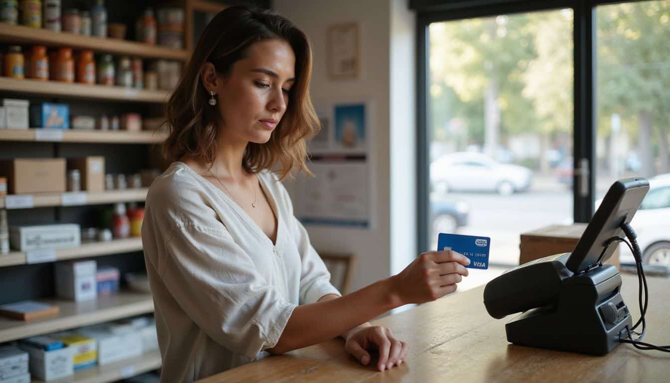 A woman at a store checkout appears frustrated while trying to use a declined Visa gift card. A woman at a store checkout appears frustrated while trying to use a declined Visa gift card.