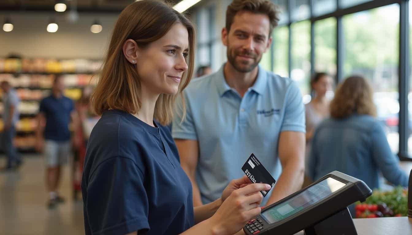 A woman at a grocery store checkout looks frustrated as her Visa gift card transaction is declined. A woman at a grocery store checkout looks frustrated as her Visa gift card transaction is declined.