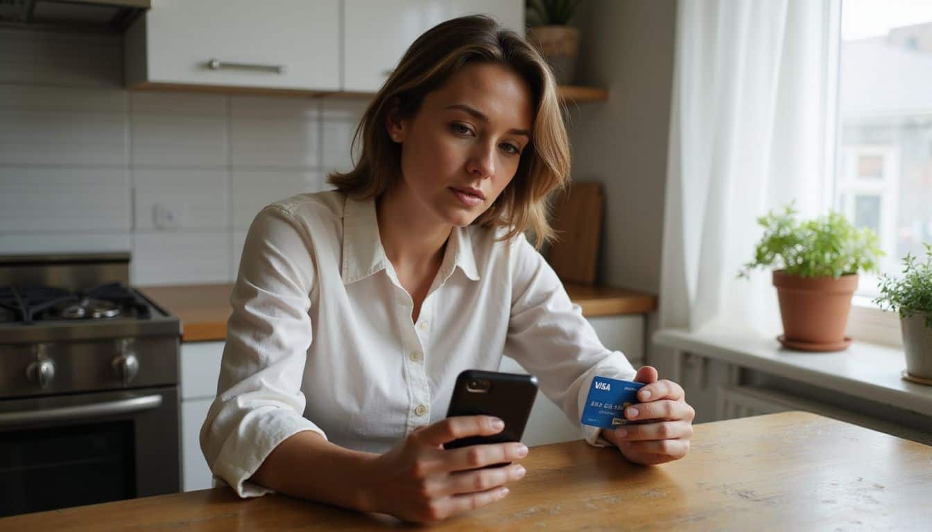 A woman at a kitchen table checks her Visa gift card balance using a smartphone while holding the card. A woman at a kitchen table checks her Visa gift card balance using a smartphone while holding the card.