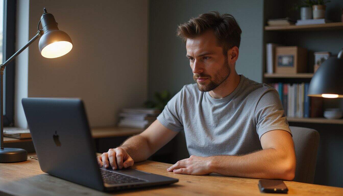A man in his 30s focuses intently on his laptop at a wooden desk in a minimalist workspace. A man in his 30s focuses intently on his laptop at a wooden desk in a minimalist workspace.