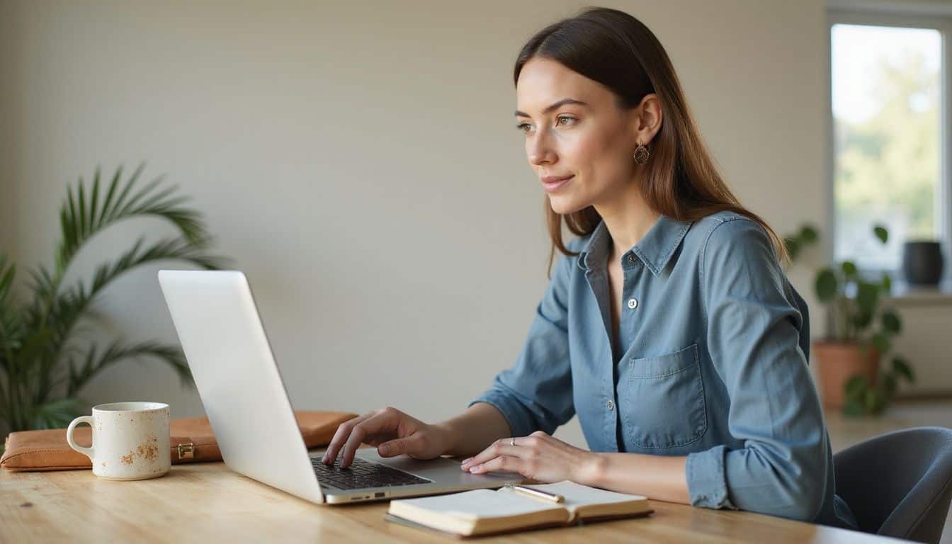 A woman sits at a tidy desk, updating her Visa gift card information on a sleek laptop. A woman sits at a tidy desk, updating her Visa gift card information on a sleek laptop.