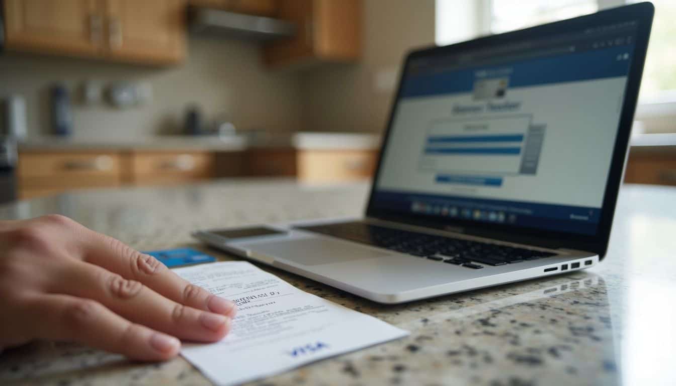 A Visa gift card, laptop, and receipt are casually arranged on a granite kitchen countertop.
