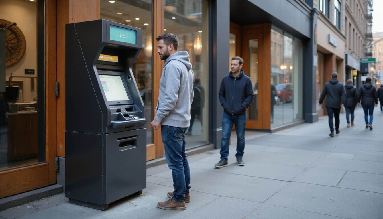 A modern ATM kiosk stands on a busy sidewalk, surrounded by urban shops and casual pedestrians. A modern ATM kiosk stands on a busy sidewalk, surrounded by urban shops and casual pedestrians.