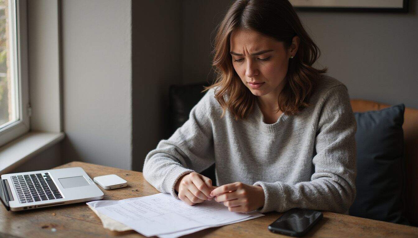 A woman in a cozy home office displays focused frustration while checking her Visa gift card balance on her laptop. A woman in a cozy home office displays focused frustration while checking her Visa gift card balance on her laptop.