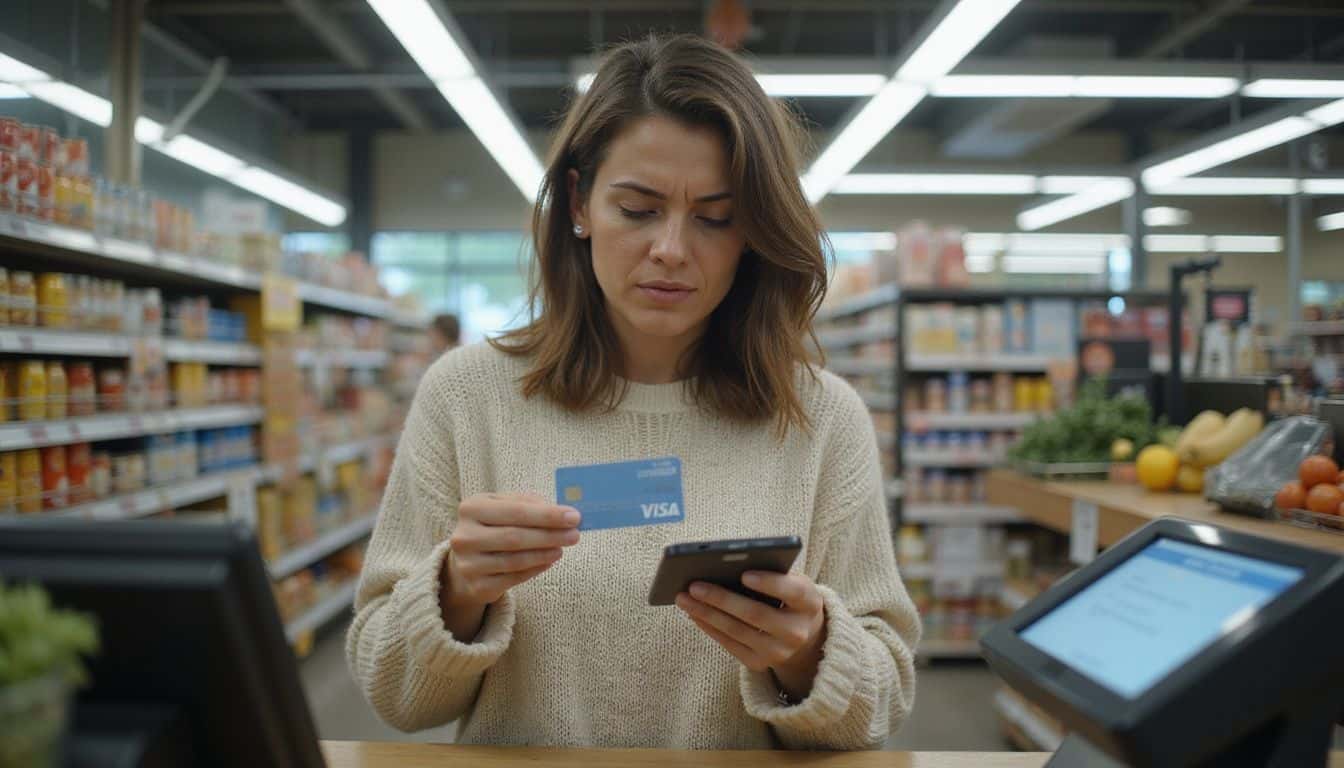 A frustrated woman at a grocery store checkout examines a declined Visa gift card while resting her hand on the countertop. A frustrated woman at a grocery store checkout examines a declined Visa gift card while resting her hand on the countertop.