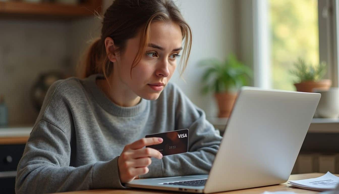 A young woman appears puzzled while examining a Visa gift card at her kitchen table with a laptop in front of her. A young woman appears puzzled while examining a Visa gift card at her kitchen table with a laptop in front of her.