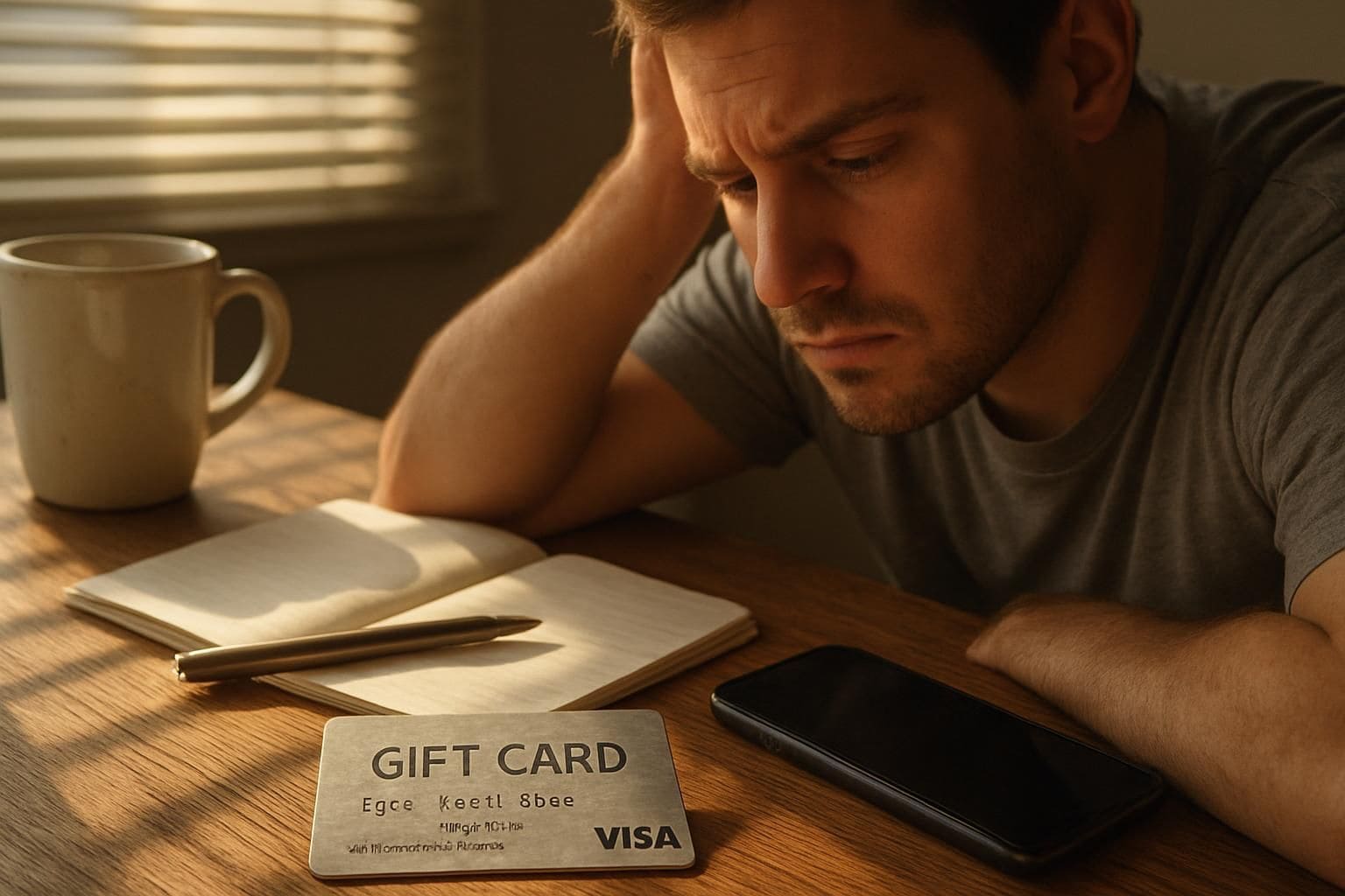 A man appears frustrated while examining a worn Visa gift card amid everyday clutter on his desk. A man appears frustrated while examining a worn Visa gift card amid everyday clutter on his desk.