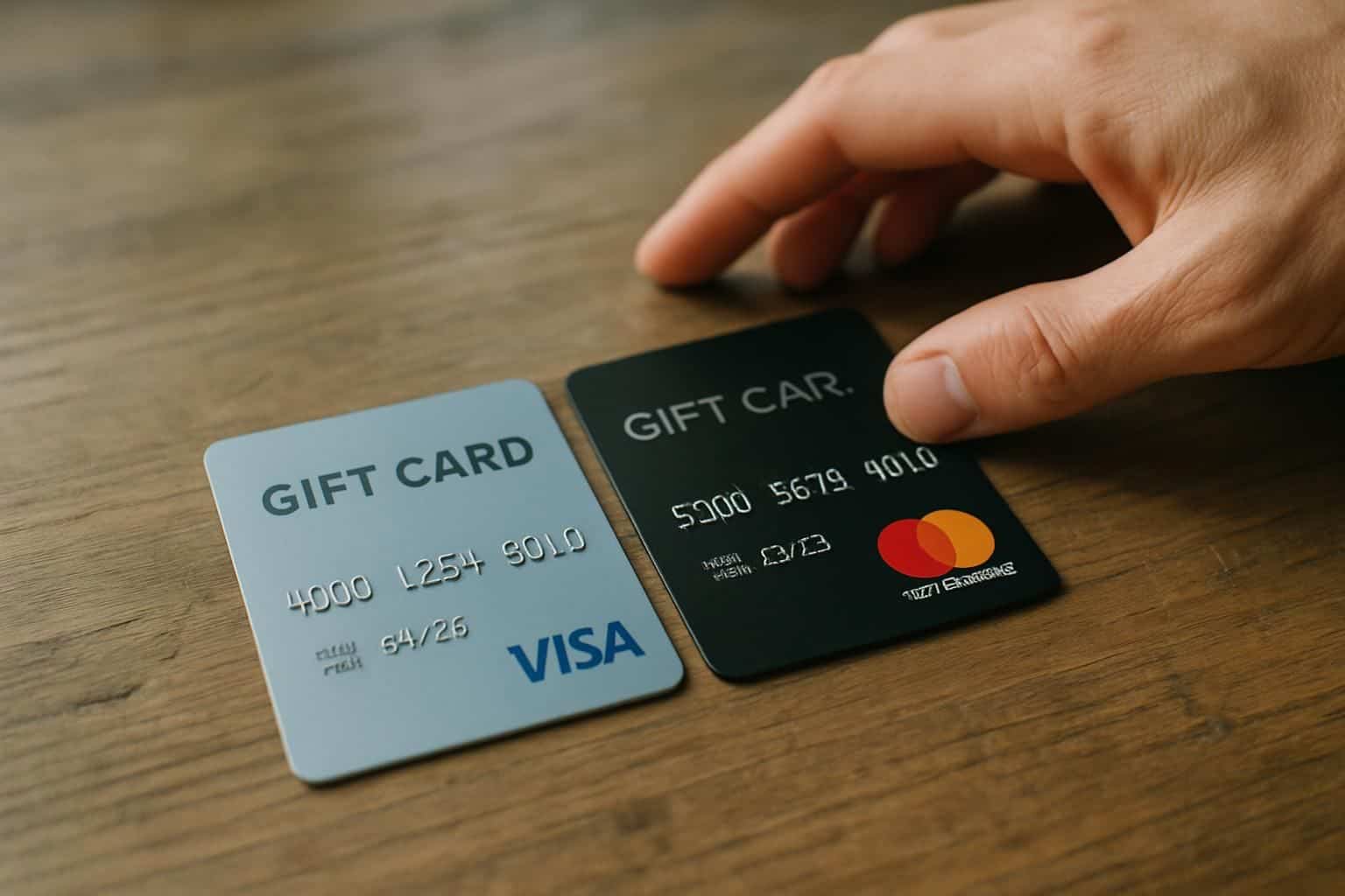 A Visa and Mastercard gift card rest on a weathered oak table, with a hand reaching toward them. A Visa and Mastercard gift card rest on a weathered oak table, with a hand reaching toward them.