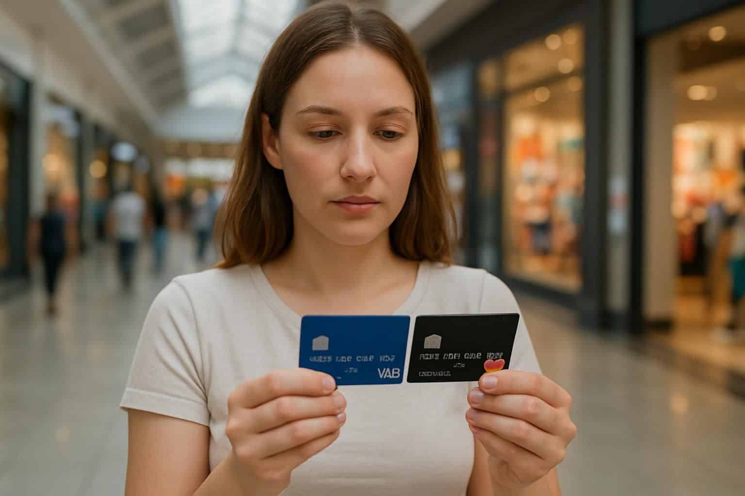 A young woman examines two credit cards while shopping in a busy mall crowded with diverse shoppers. A young woman examines two credit cards while shopping in a busy mall crowded with diverse shoppers.