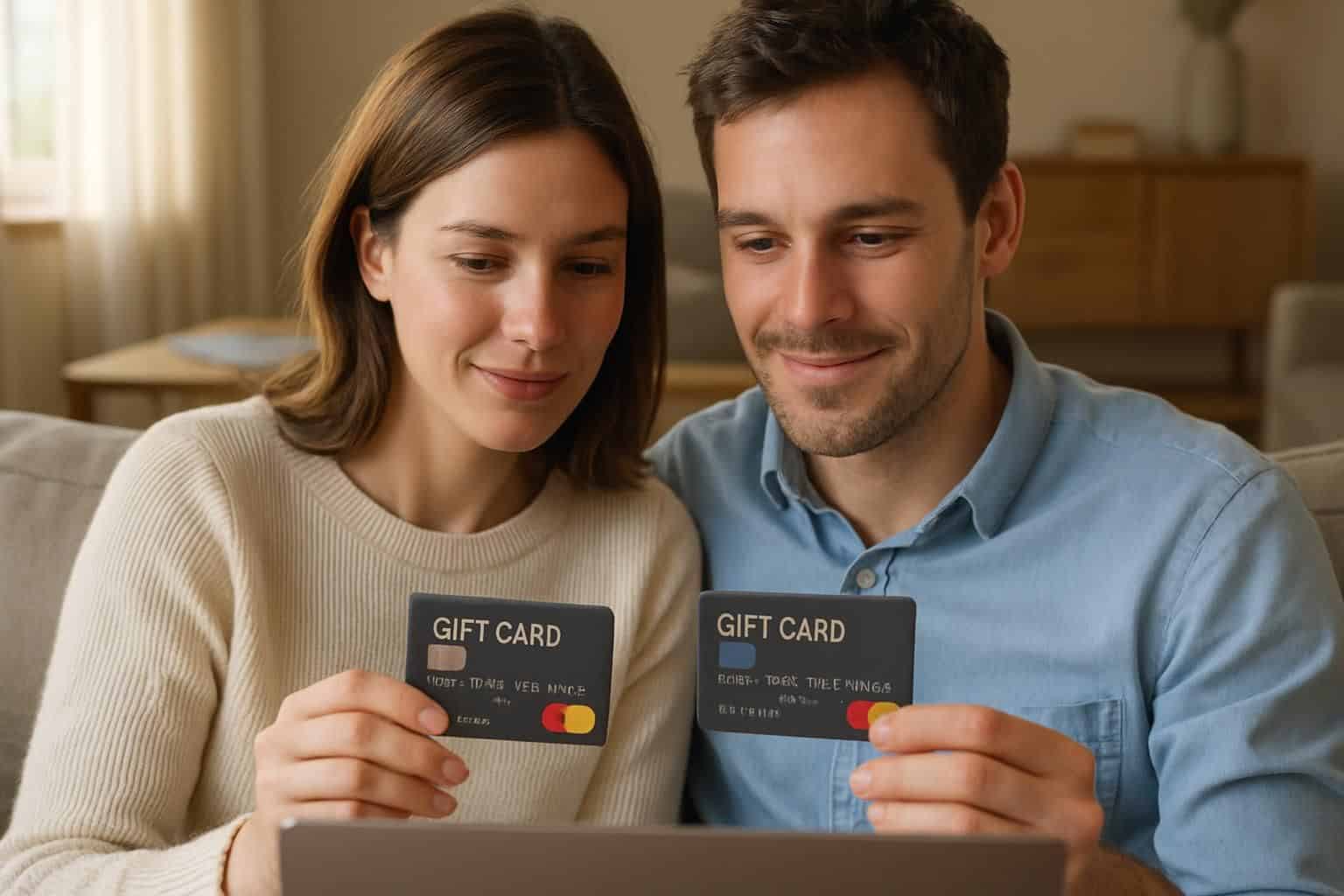 A couple sits closely on a sofa, sharing a moment of contentment while holding gift cards. A couple sits closely on a sofa, sharing a moment of contentment while holding gift cards.