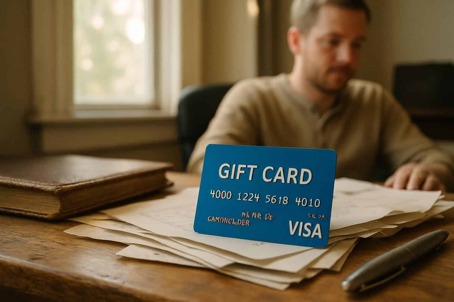 A Visa gift card rests on a cluttered desk alongside scattered papers and a leather notebook, suggesting focused daily activity. A Visa gift card rests on a cluttered desk alongside scattered papers and a leather notebook, suggesting focused daily activity.