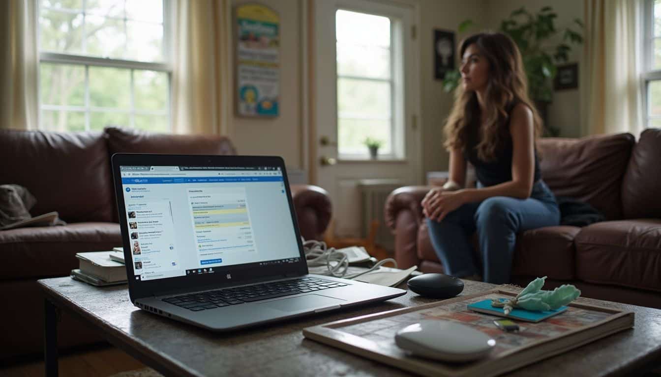 A cluttered living room features a laptop displaying chat sites and a casually dressed person in the background. A cluttered living room features a laptop displaying chat sites and a casually dressed person in the background.