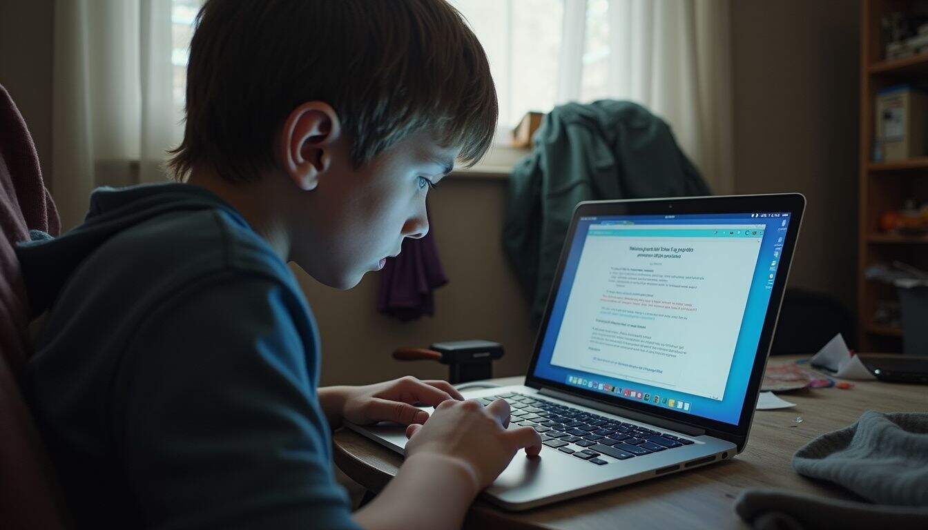 A teenage boy sits alone, worried while looking at his laptop amidst a cluttered room filled with everyday mess. A teenage boy sits alone, worried while looking at his laptop amidst a cluttered room filled with everyday mess.