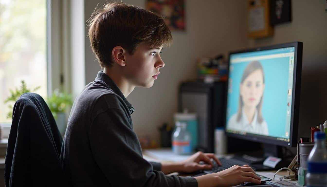 A teenage boy sits at his cluttered desk, looking tired while exploring a new chat site on his computer. A teenage boy sits at his cluttered desk, looking tired while exploring a new chat site on his computer.