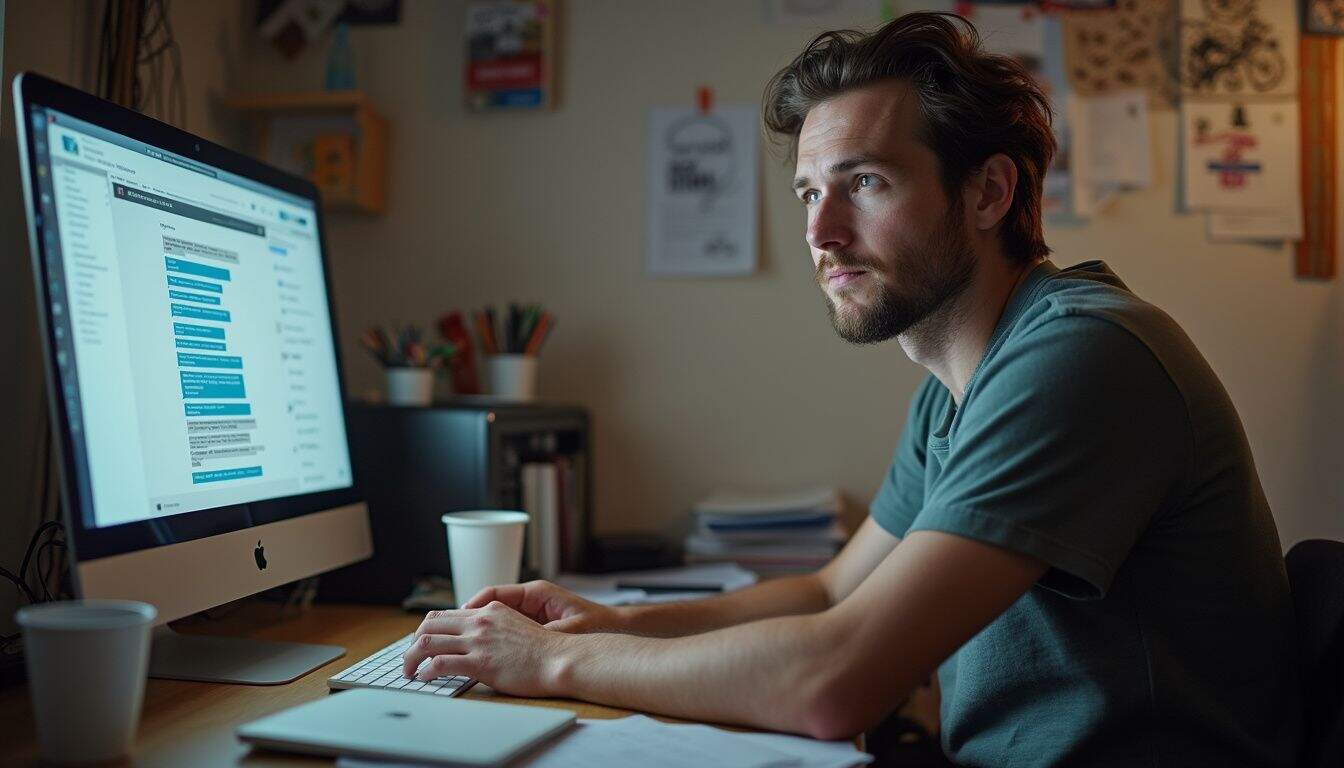 A relaxed young man sits at a messy desk, scrolling through a busy chat on his computer. A relaxed young man sits at a messy desk, scrolling through a busy chat on his computer.