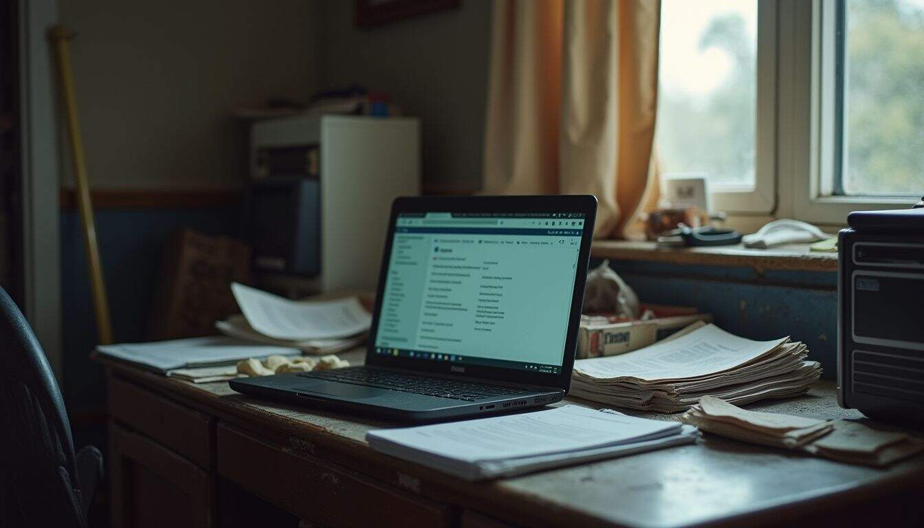 An open laptop sits amidst scattered papers and unpaid bills, reflecting everyday financial and legal struggles. An open laptop sits amidst scattered papers and unpaid bills, reflecting everyday financial and legal struggles.