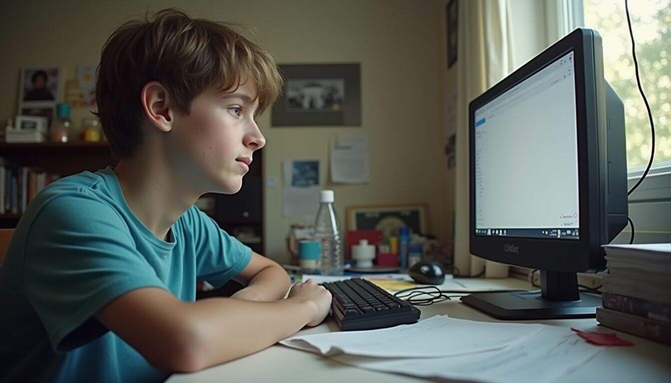 A teenage boy sits at a cluttered desk, looking disappointedly at a blank computer screen. A teenage boy sits at a cluttered desk, looking disappointedly at a blank computer screen.