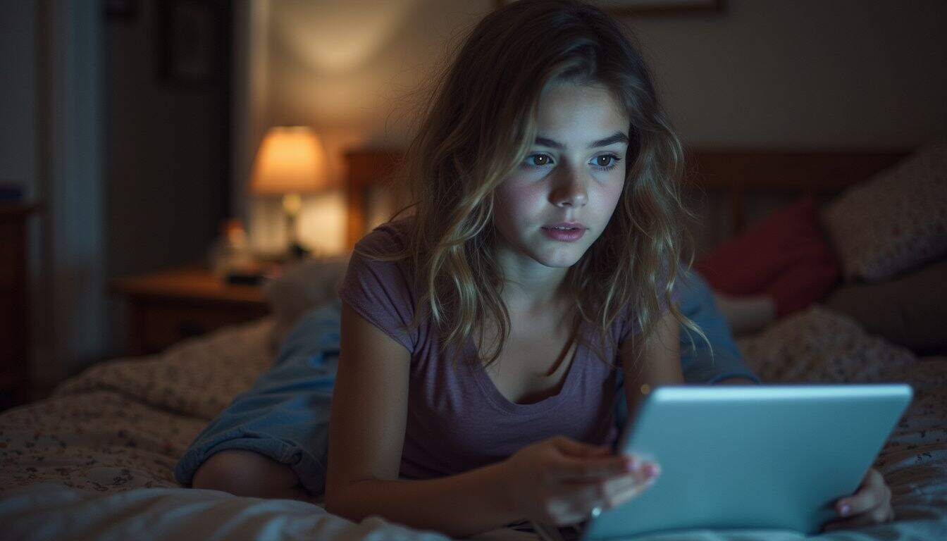A teenage girl casually chats on Omegle in her messy bedroom, wearing comfy clothes and appearing focused and relaxed. A teenage girl casually chats on Omegle in her messy bedroom, wearing comfy clothes and appearing focused and relaxed.