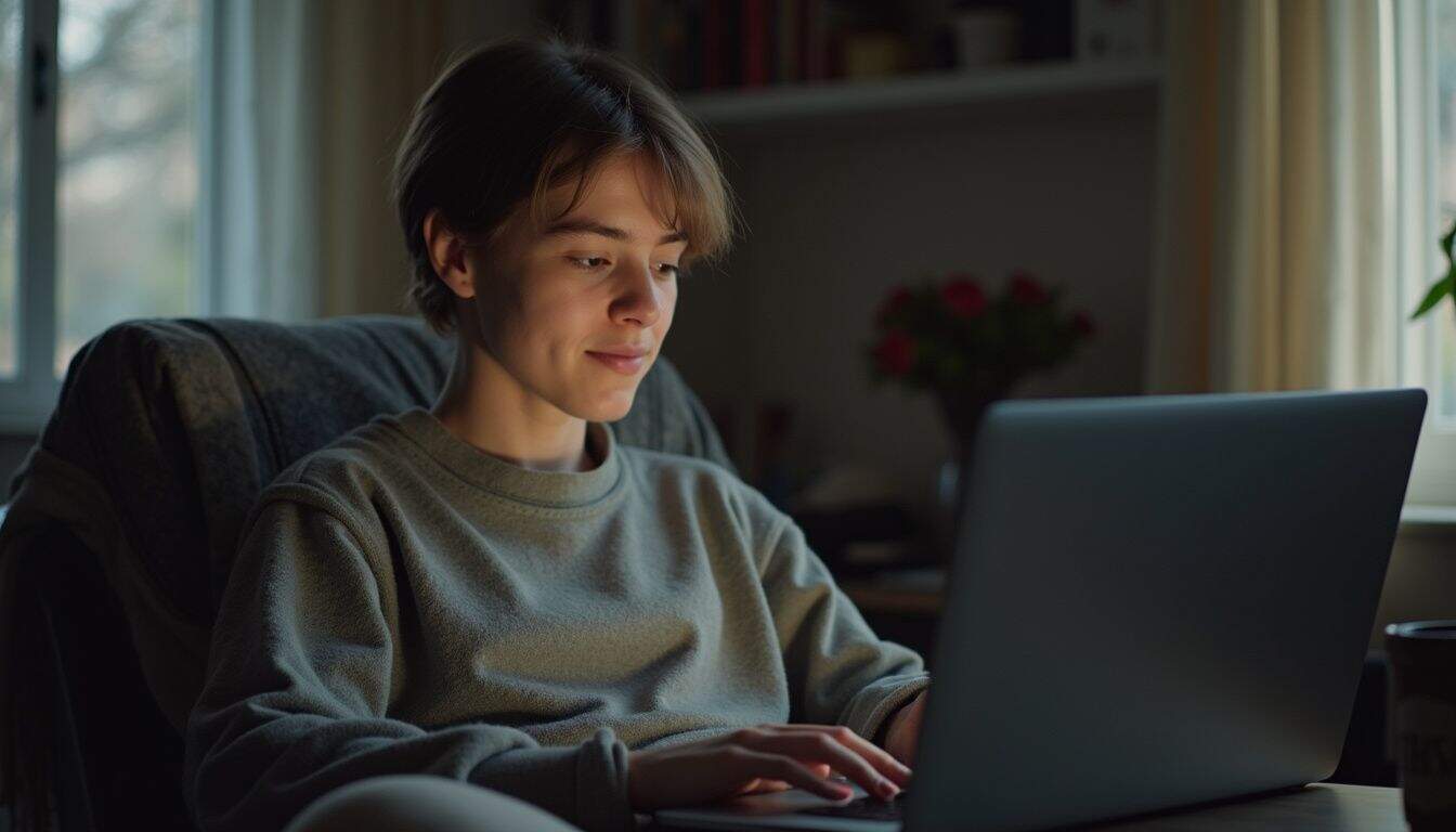 A young adult casually types on a laptop while engaged in a conversation on Omegle in a cluttered room. A young adult casually types on a laptop while engaged in a conversation on Omegle in a cluttered room.