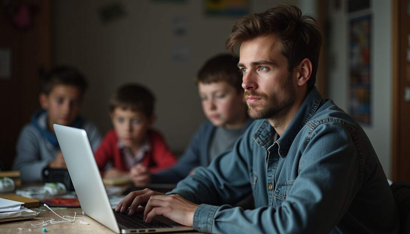 A casually dressed man works on his laptop at a cluttered table, with kids' faces visible in the background. A casually dressed man works on his laptop at a cluttered table, with kids' faces visible in the background.