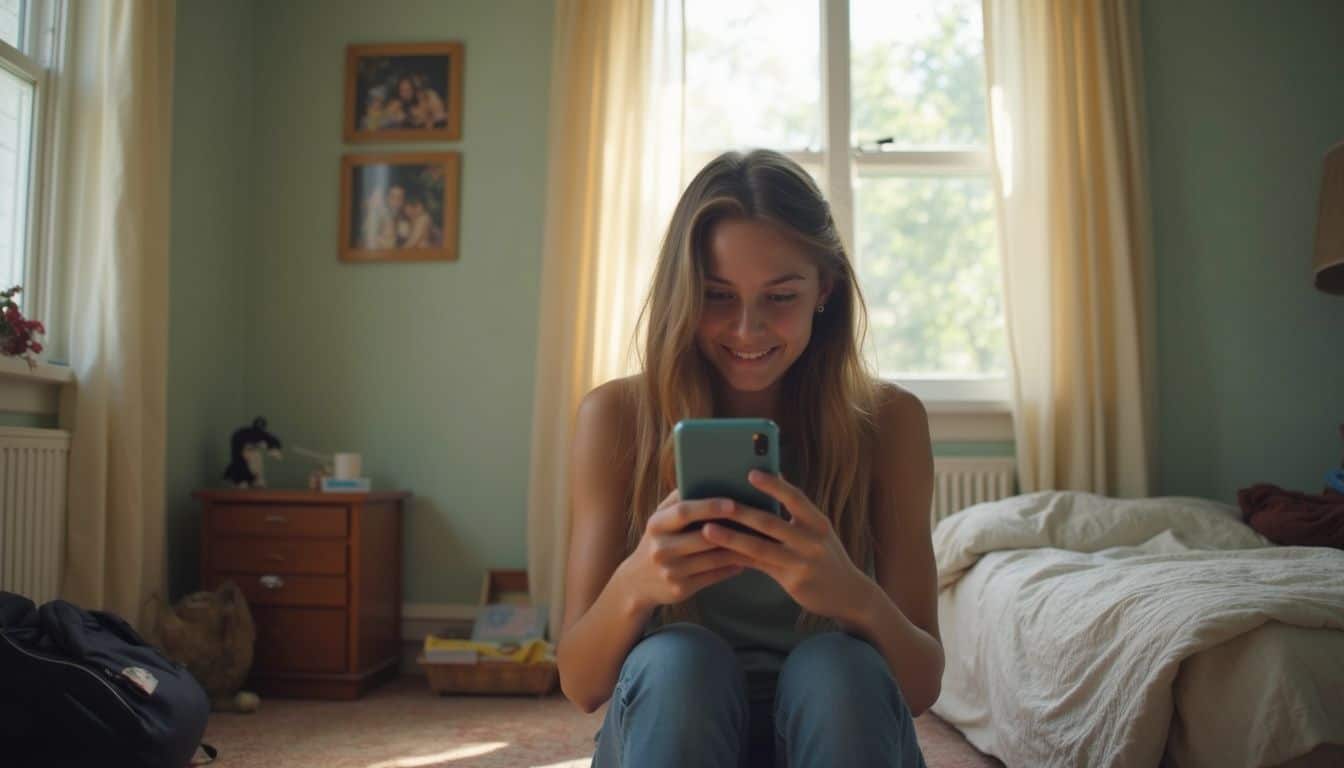 A teenage girl casually scrolls through her phone in her bedroom, surrounded by everyday items. A teenage girl casually scrolls through her phone in her bedroom, surrounded by everyday items.