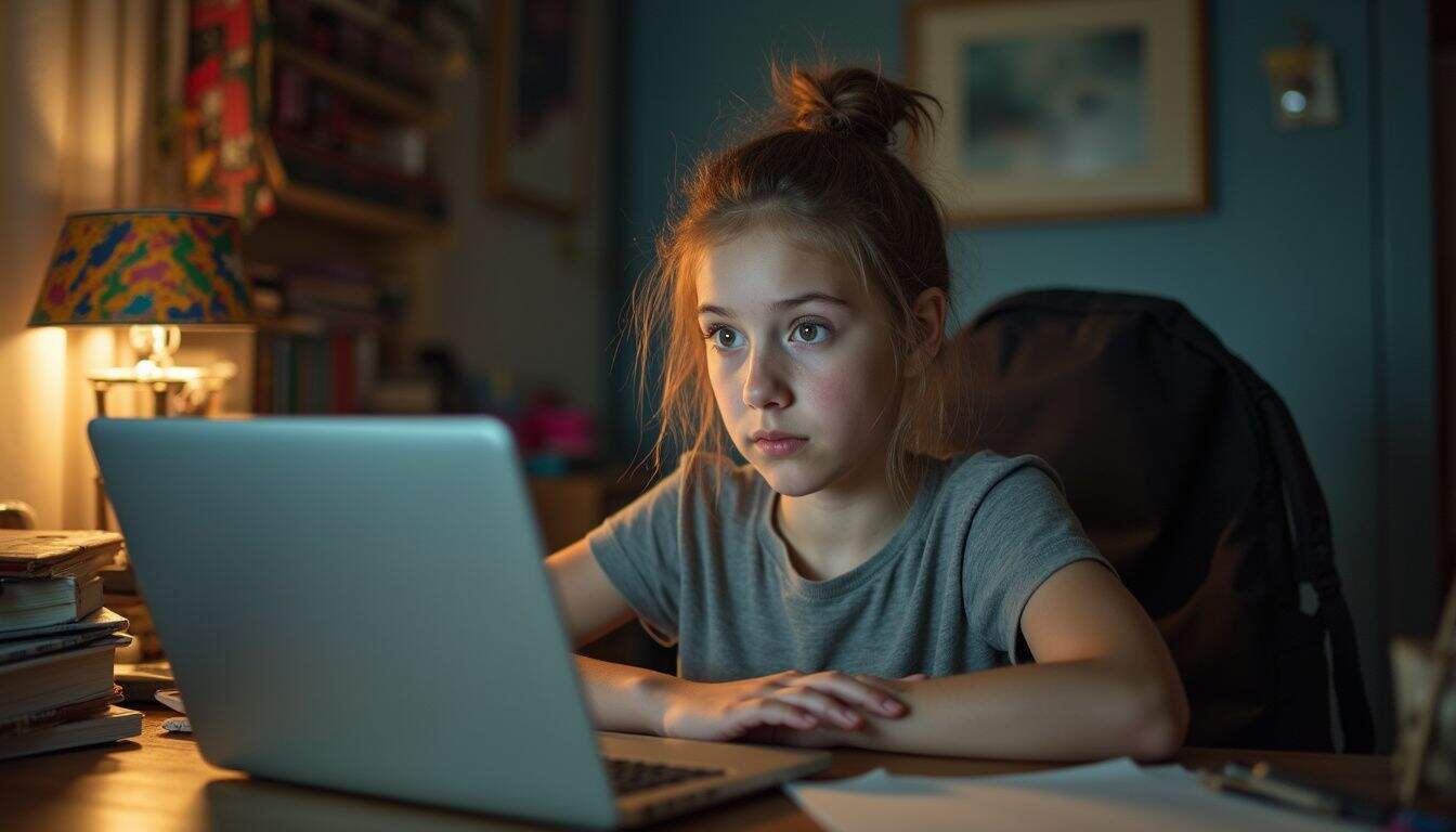 A teen girl appears surprised and uncomfortable during a video chat at her cluttered desk. A teen girl appears surprised and uncomfortable during a video chat at her cluttered desk.