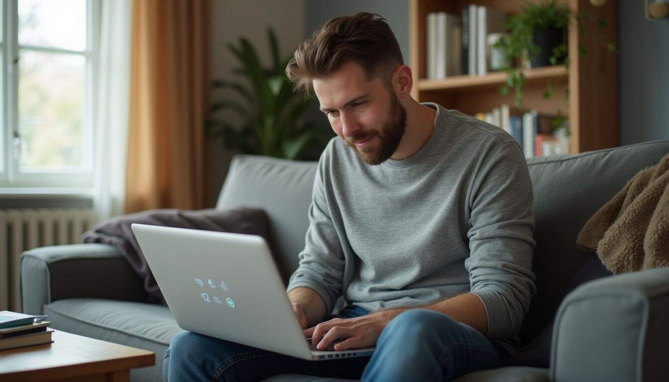 A casually dressed man in his 30s is focused on a laptop during a video call in a cozy living room. A casually dressed man in his 30s is focused on a laptop during a video call in a cozy living room.