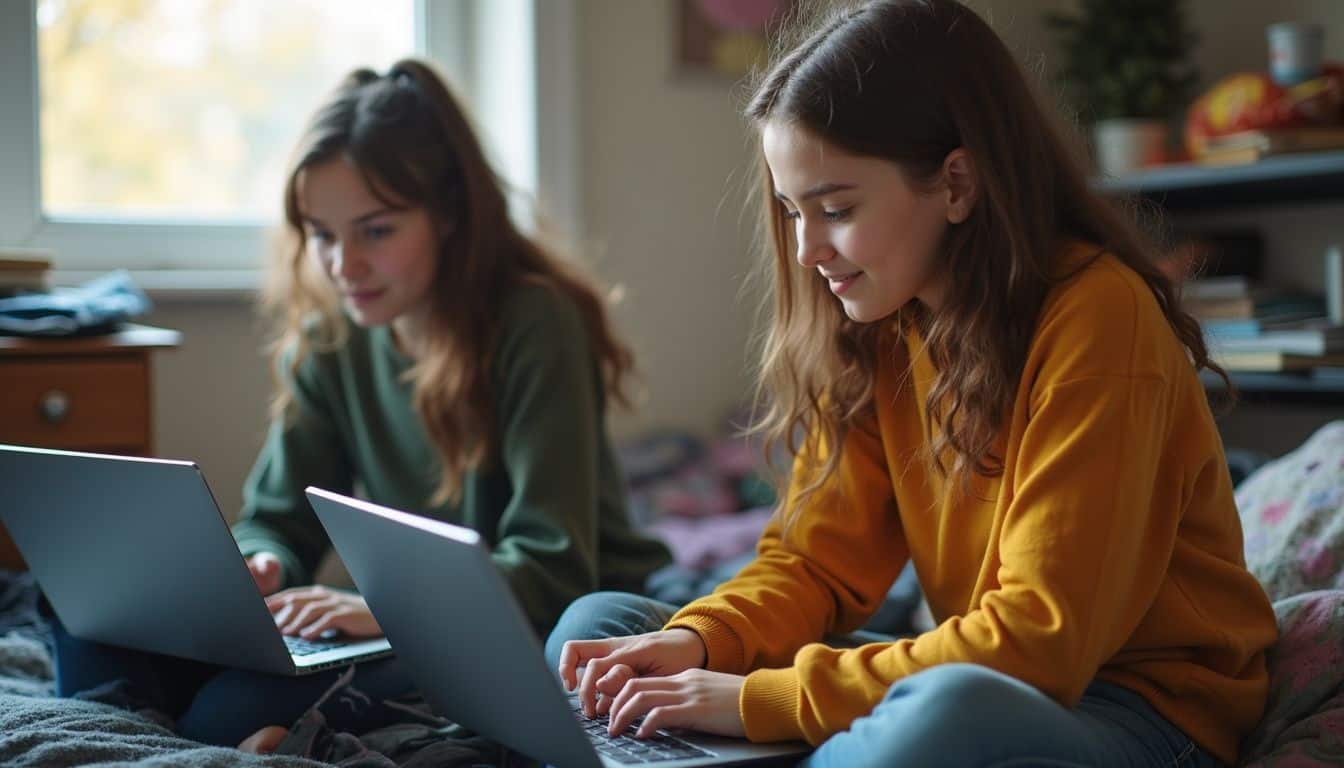 Two teenagers relax in a messy bedroom, using laptops and chatting online with genuine expressions. Two teenagers relax in a messy bedroom, using laptops and chatting online with genuine expressions.