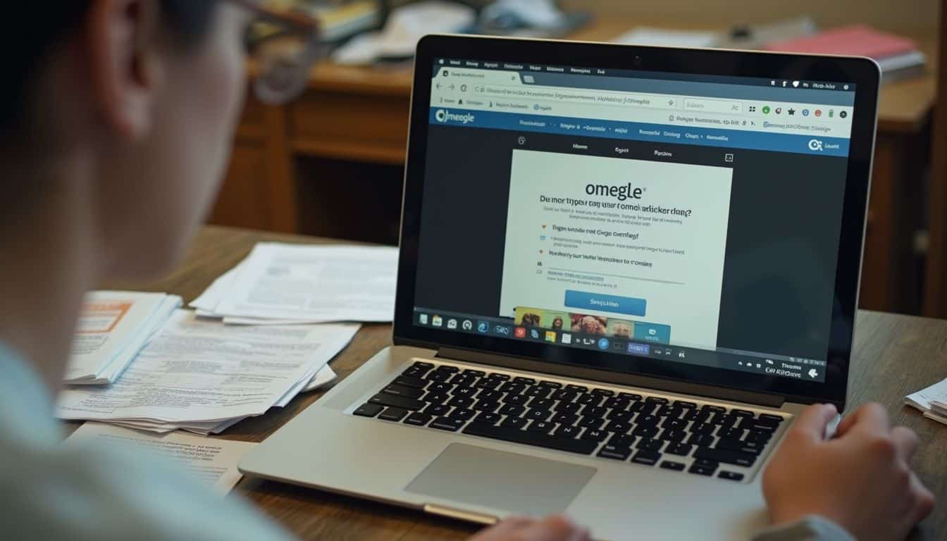 An open laptop on a cluttered desk shows Omegle's homepage, surrounded by scattered papers and a relaxed person nearby. An open laptop on a cluttered desk shows Omegle's homepage, surrounded by scattered papers and a relaxed person nearby.