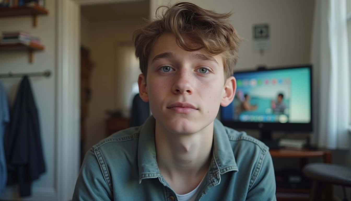 A 17-year-old boy sits casually in a cluttered room, engaged in a video call with an AI voice filter. A 17-year-old boy sits casually in a cluttered room, engaged in a video call with an AI voice filter.