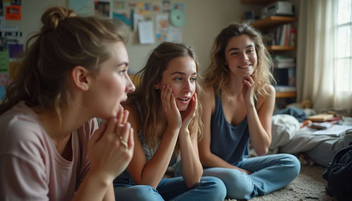 A group of teenagers shares a genuine, joyful moment while chatting on Omegle in a cluttered room. A group of teenagers shares a genuine, joyful moment while chatting on Omegle in a cluttered room.
