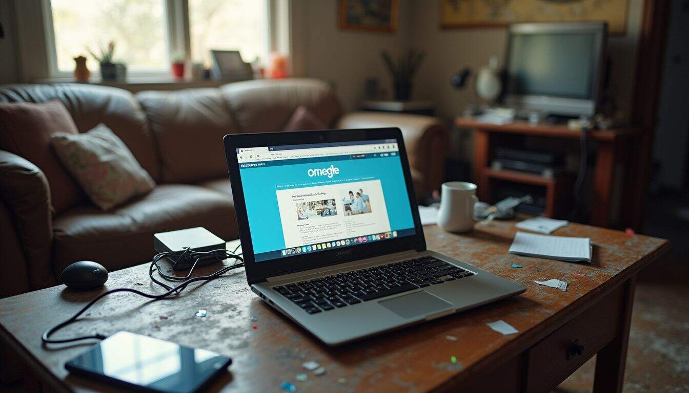 An open laptop displaying Omegle sits on a cluttered table in a lived-in, messy room. An open laptop displaying Omegle sits on a cluttered table in a lived-in, messy room.