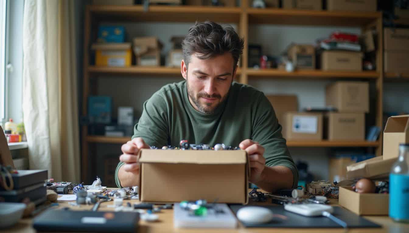 Man explores a box of tech and collectibles at a cluttered table. Man explores a box of tech and collectibles at a cluttered table.