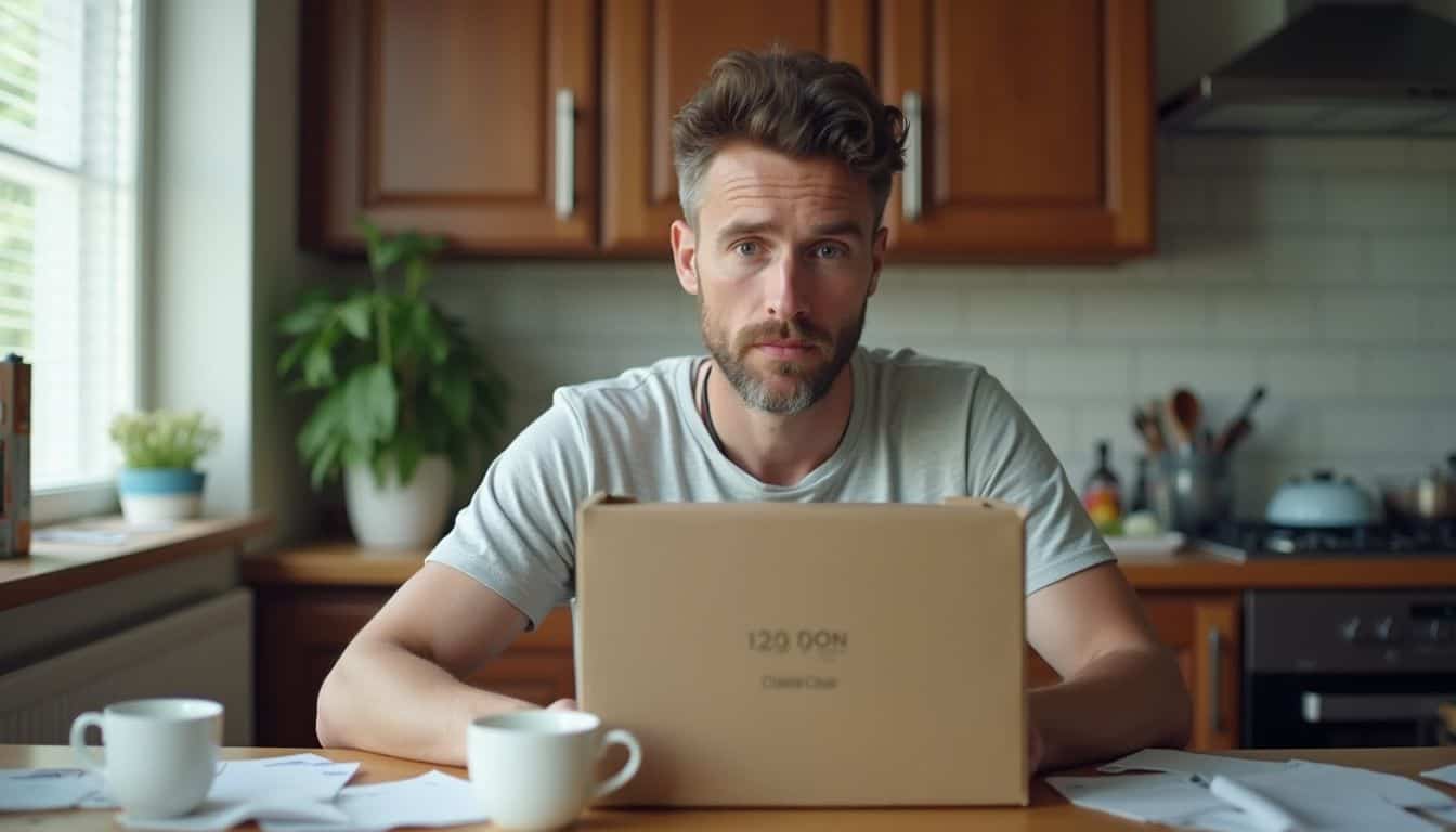 Man in his 30s opening a plain box at a cluttered kitchen table. Man in his 30s opening a plain box at a cluttered kitchen table.