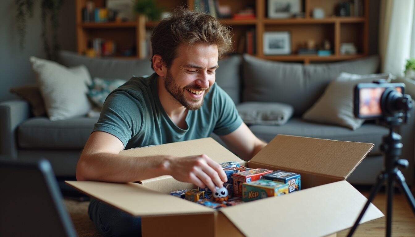 Man opens a box of geek collectibles in a casual living space. Man opens a box of geek collectibles in a casual living space.