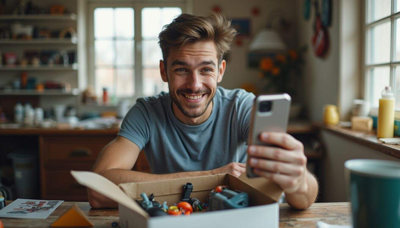 Young man unboxing tech and collectibles at a busy table.