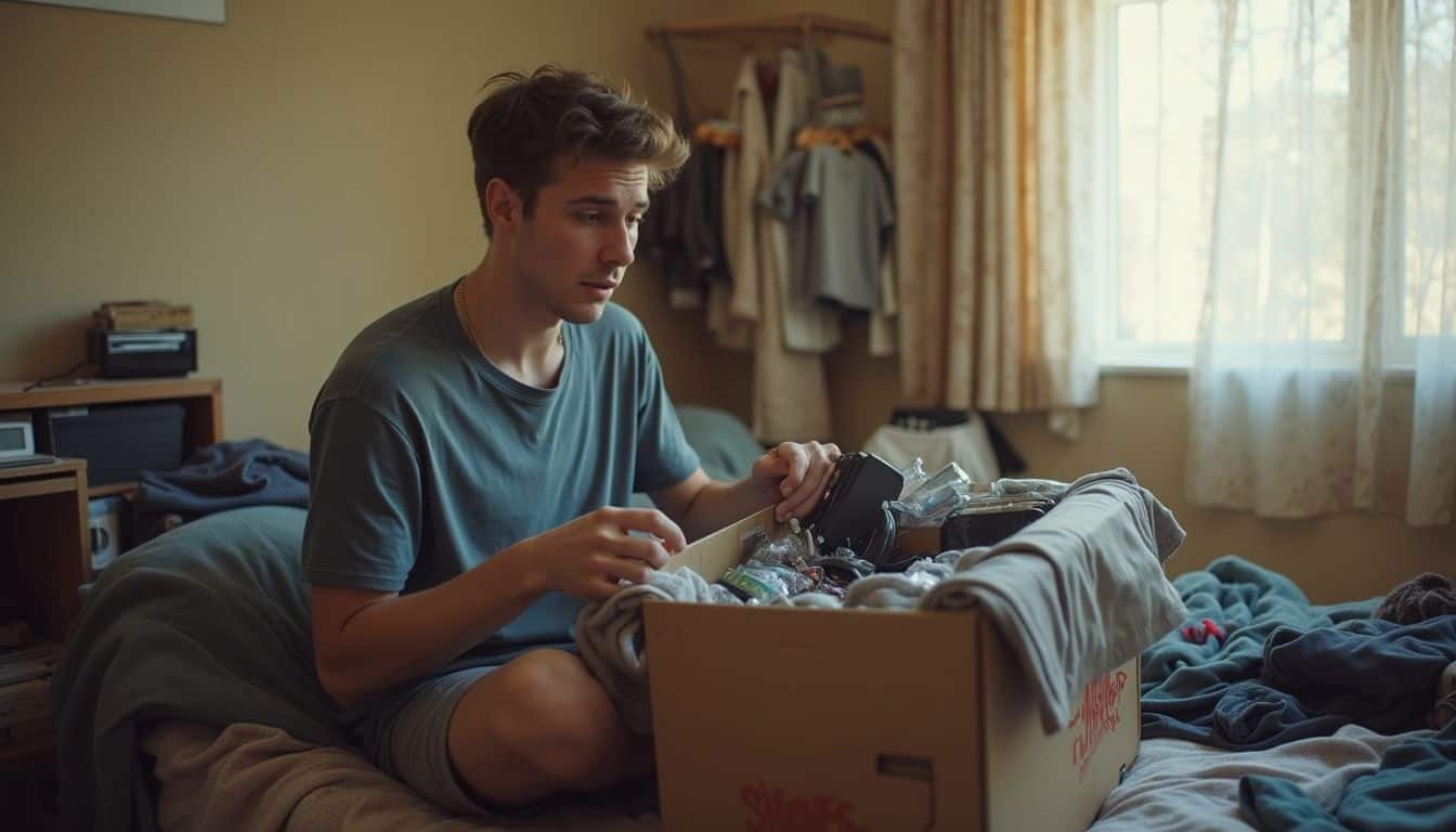 Young man on a messy bed unboxing gadgets and graphic tees. Young man on a messy bed unboxing gadgets and graphic tees.