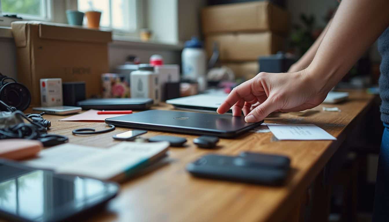 Tabletop of tech, beauty items, and collectibles being arranged by hand. Tabletop of tech, beauty items, and collectibles being arranged by hand.