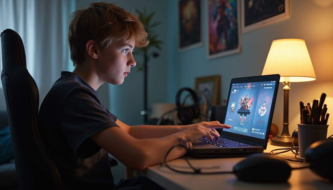Teen at a cluttered desk clicking a laptop during a gaming session. Teen at a cluttered desk clicking a laptop during a gaming session.