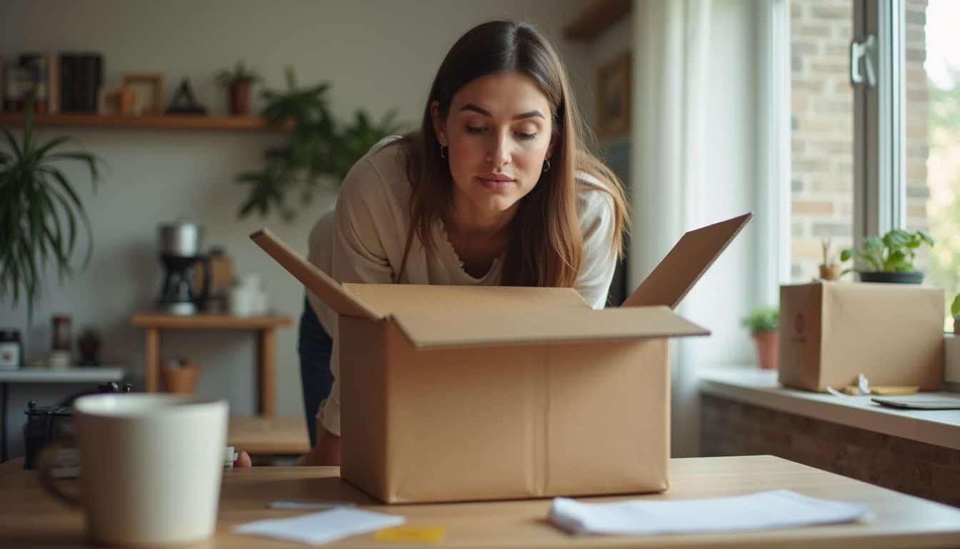 Person reacting to an open box on a wooden table with casual items. Person reacting to an open box on a wooden table with casual items.